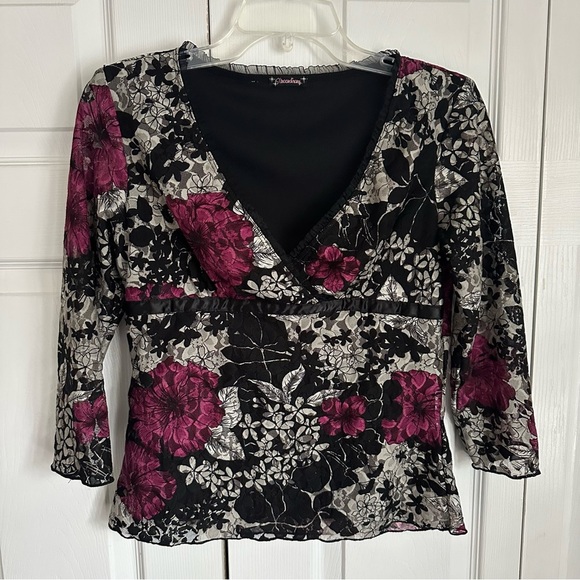 Xtraordinary Y2K Babydoll Mesh Overlay Lace Detail Floral Womens Top Sz L Retro - Picture 1 of 11